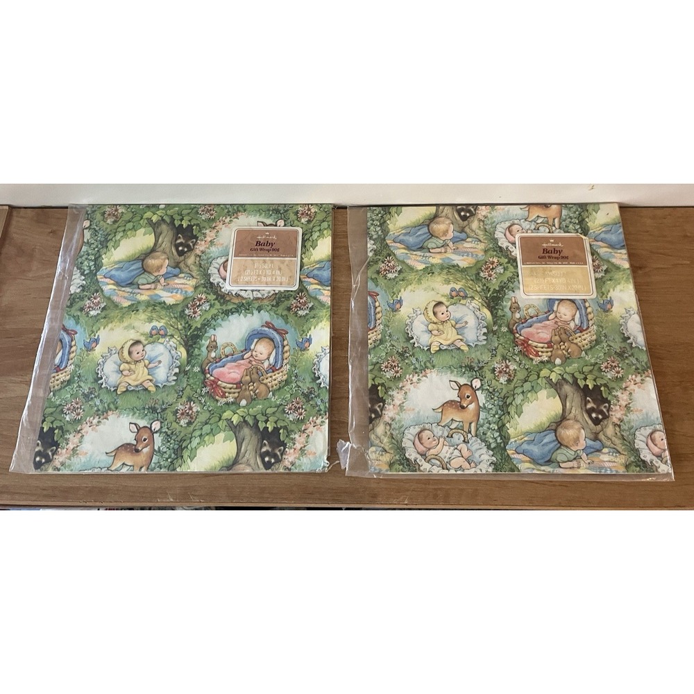 Vintage BABY/BABY ANIMALS Hallmark Gift Wrapping Paper - 4 SHEETS - New Pkg -NOS